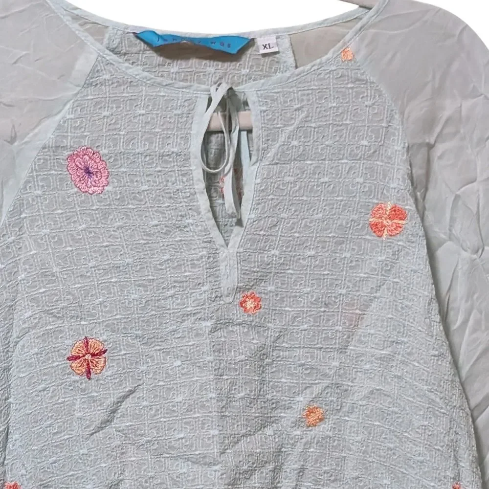 Johnny Was floral embroidered top semi sheer keyhole tie ditzy dainty size XL